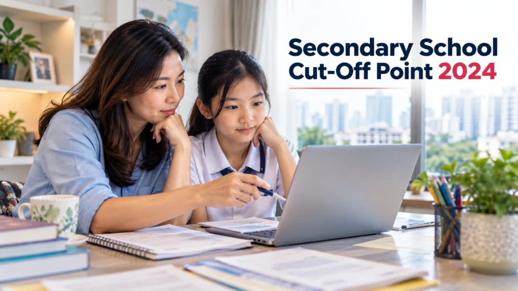 Secondary School Cut-Off Point 2024 Singapore Singapore parent and student reviewing secondary school cut-off points 2024 and school choices