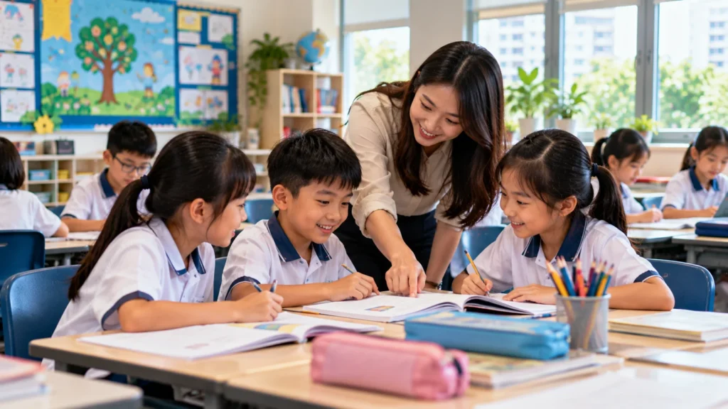Singapore primary school students learning together with a teacher in a modern classroom