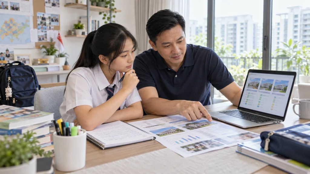 Singaporean parent and student comparing secondary school options and historical PSLE cut-off points at home.