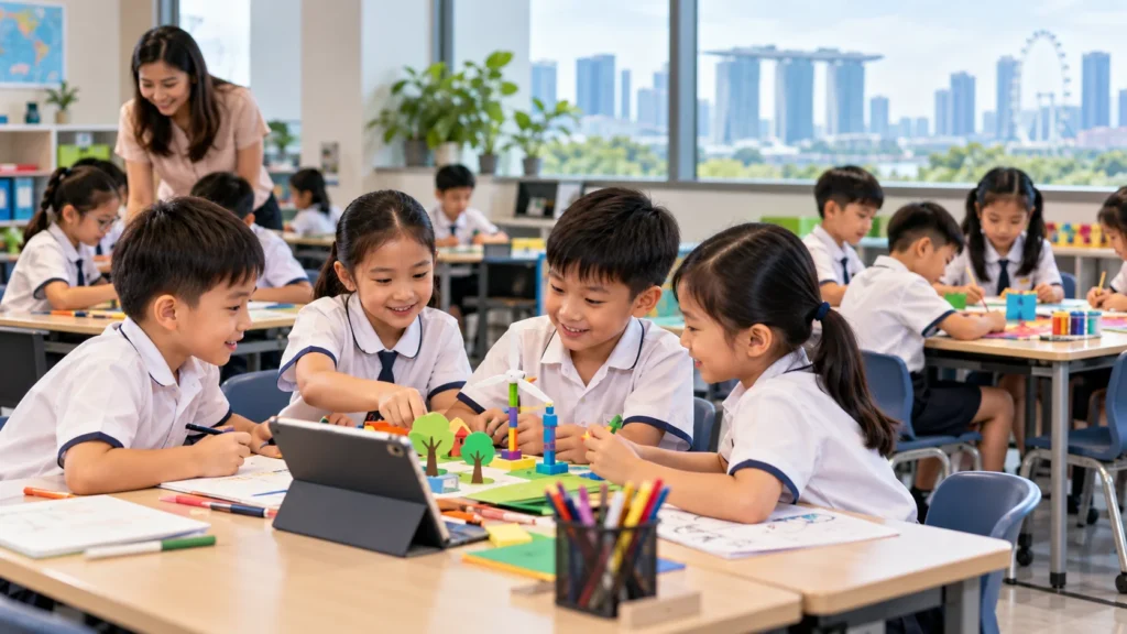 Singapore Primary School Students Learning Singapore primary school students taking part in classroom learning activities with a teacher