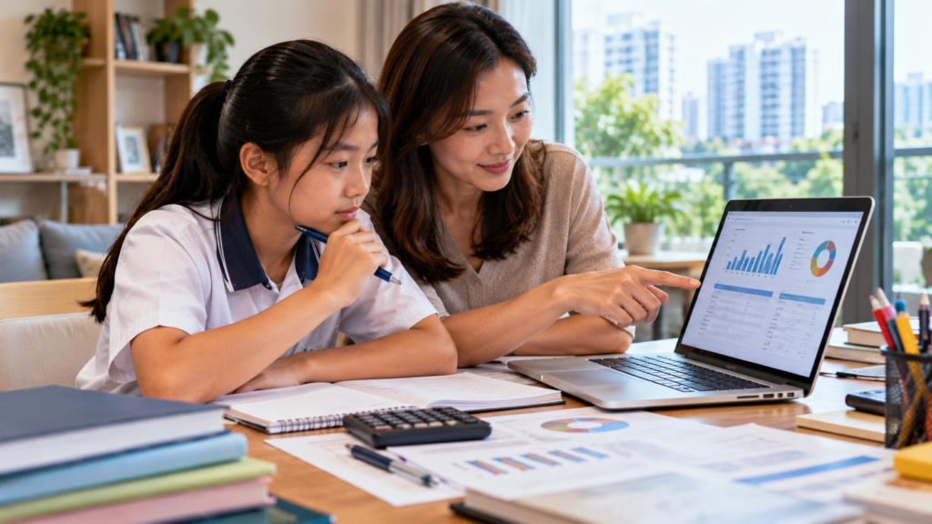 Secondary School Cut-Off Point 2024 Singapore Singapore student and parent reviewing PSLE results and comparing secondary school options