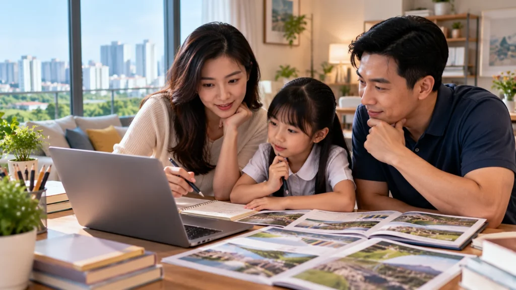 Singapore parents and child comparing primary school choices at home using a laptop