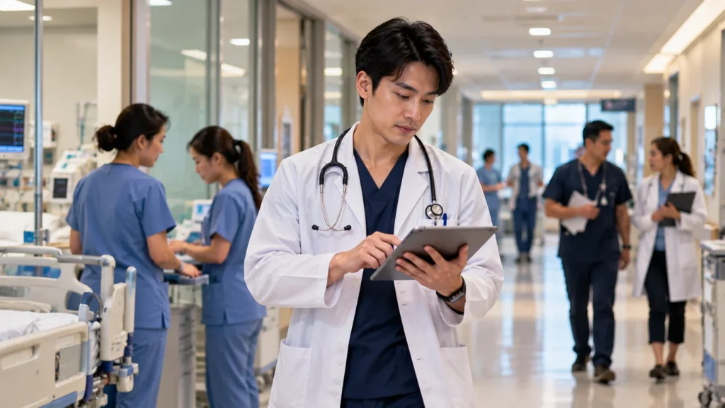 Young junior doctor working in a modern Singapore hospital and reviewing patient information