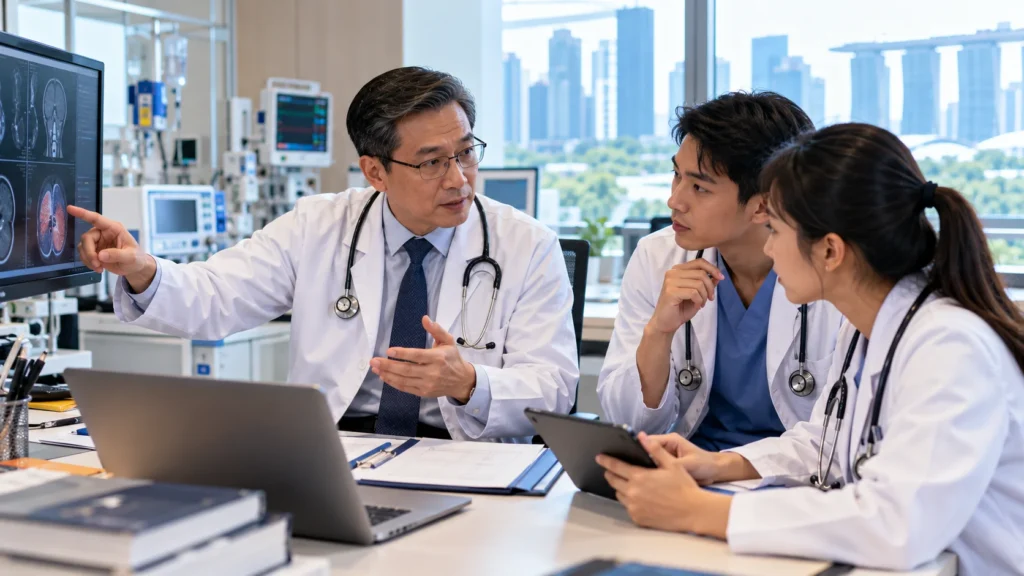 Experienced specialist doctor in Singapore discussing medical information with younger doctors in a modern hospital