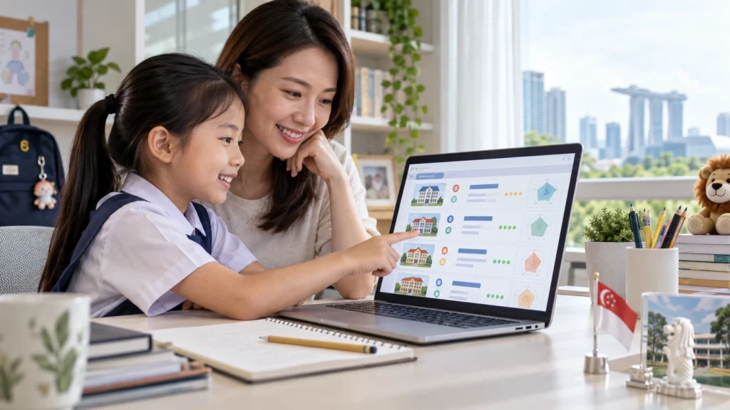 Singapore Primary School Ranking 2026 Parent and child comparing Singapore primary school options on a laptop at home.