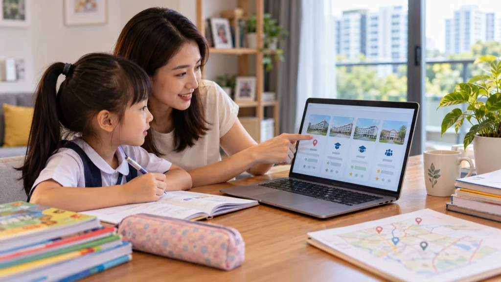 Choosing a Primary School in Singapore Singapore parent and child comparing primary school choices on a laptop at home.