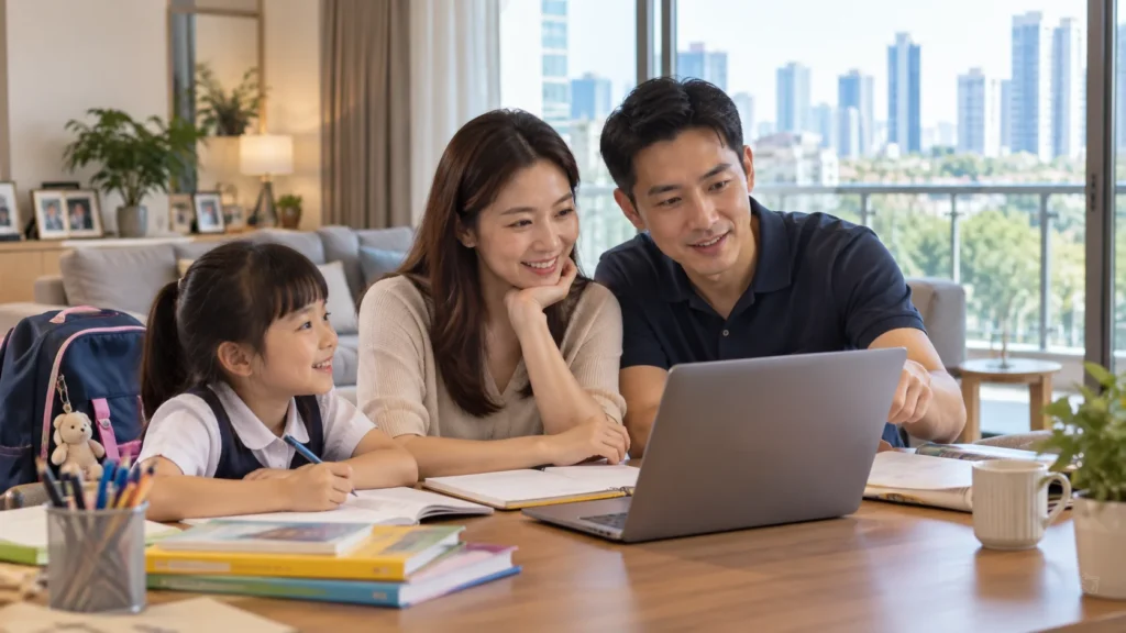 Primary 1 School Options in Singapore Singapore parents researching Primary 1 school options with their child at home