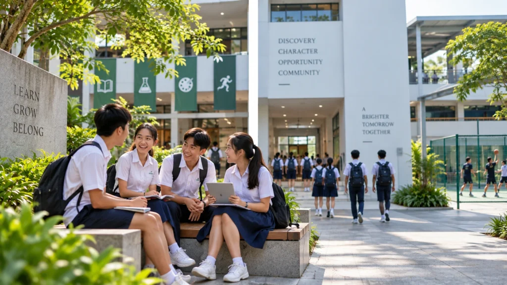 Singapore secondary school students studying together in a modern campus courtyard with greenery and sports facilities.