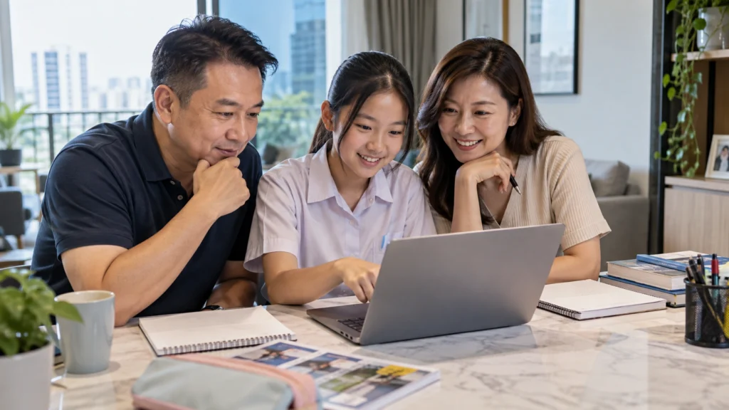 Secondary 1 School Posting Choices Singapore Singapore parents and student discussing Secondary 1 school posting choices after receiving PSLE results.