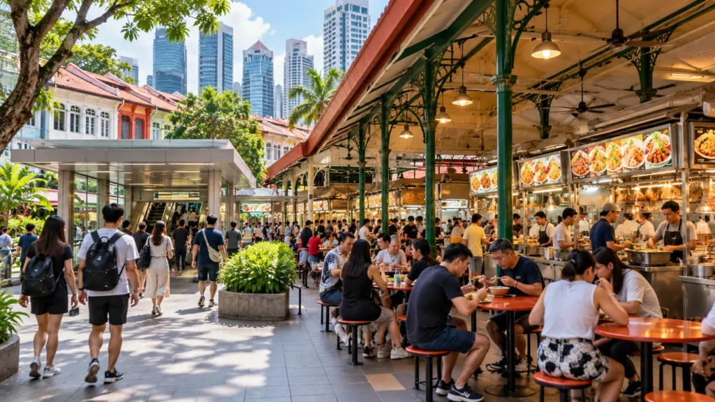Maxwell MRT and Hawker Centre Singapore Maxwell MRT near a traditional Singapore hawker centre with locals and tourists exploring food stalls